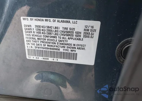 2017 Honda Pilot Elite из США, поврежденный, VIN 5FNYF6H09HB009950